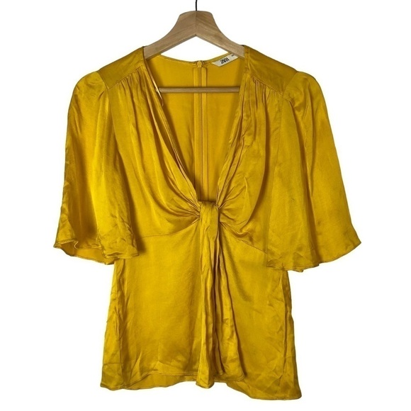 Zara Yellow Knotted Front Short Sleeve Satin Blouse XS - Picture 2 of 4